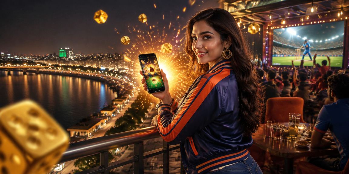 Evening cricket betting scene on mobile device near Ahmedabad riverfront